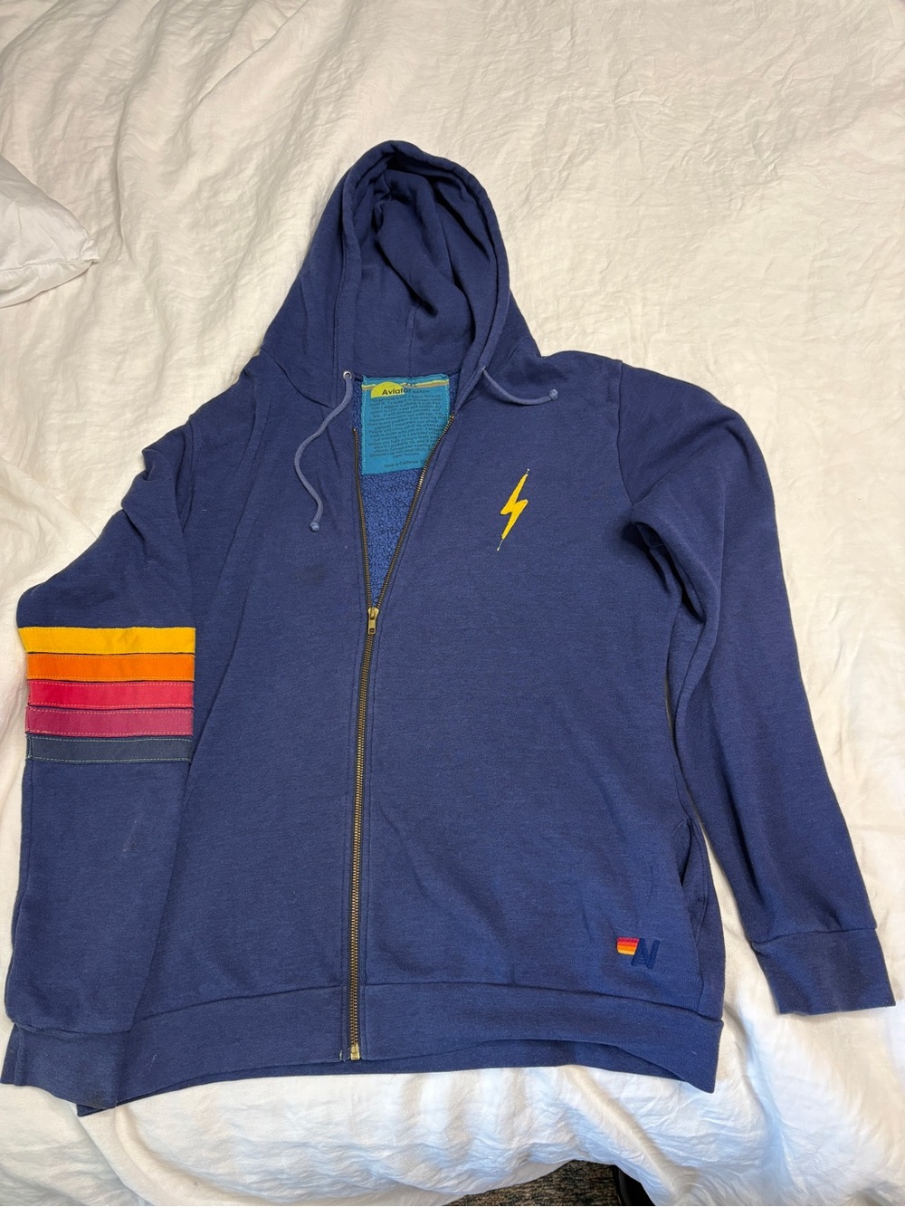 Aviator Nation Navy Zip Hoodie with Yellow Lightning & Stripe Sleeve
